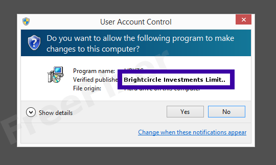 Screenshot where Brightcircle Investments Limited appears as the verified publisher in the UAC dialog